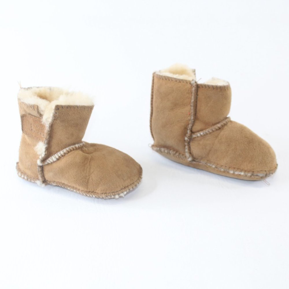 Minnetonka Moccasins Shearling Brown Suede Baby Toddler Slippers Shoes #128 - Picture 3 of 6